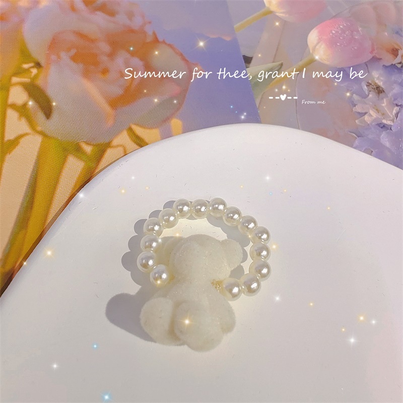 Fashion Wanita Perhiasan Resin Buatan Mutiara Flocking Bear Cincin