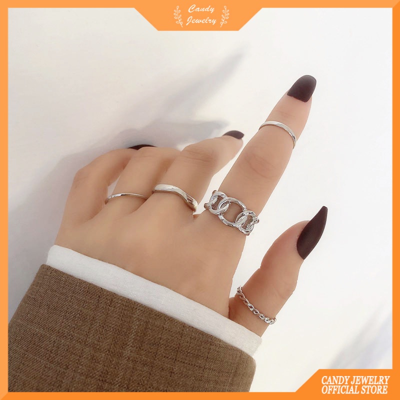 5pcs / Set Cincin Model Terbuka Bahan Alloy Desain Geometri Gaya Retro Adjustable Untuk Wanita