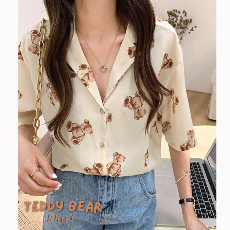 bydennis | Teddy Bear Shirt • Basic blouse atasan wanita import lengan pendek kasual korea motif pol