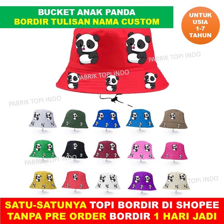 Bucket Panda Topi Anak  Karakter Custom Bordir Nama Anak Usia 1 - 7 Tahun
