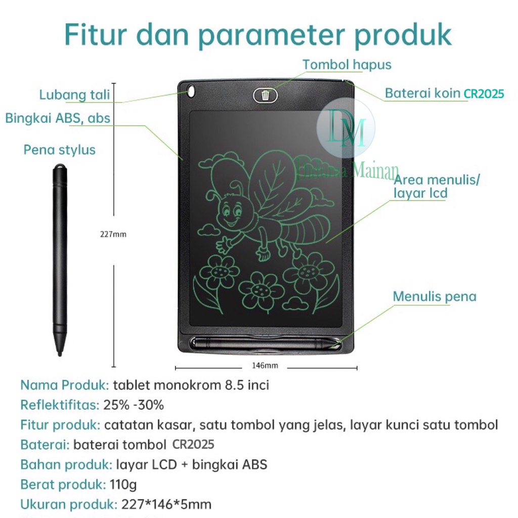 Lcd writing tablet 8.5 inch mainan edukasi papan tulis anak drawing pad