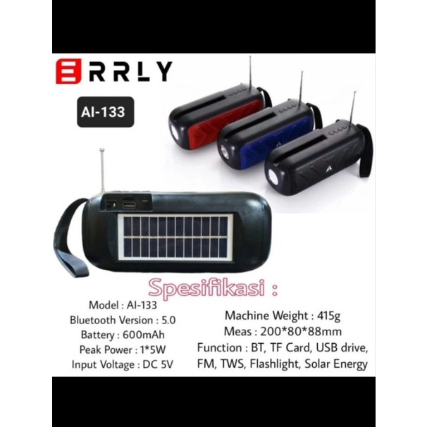 Speaker Radio Bluetooth ERRLY AL-133 Dengan Panel Surya Charger Matahari
