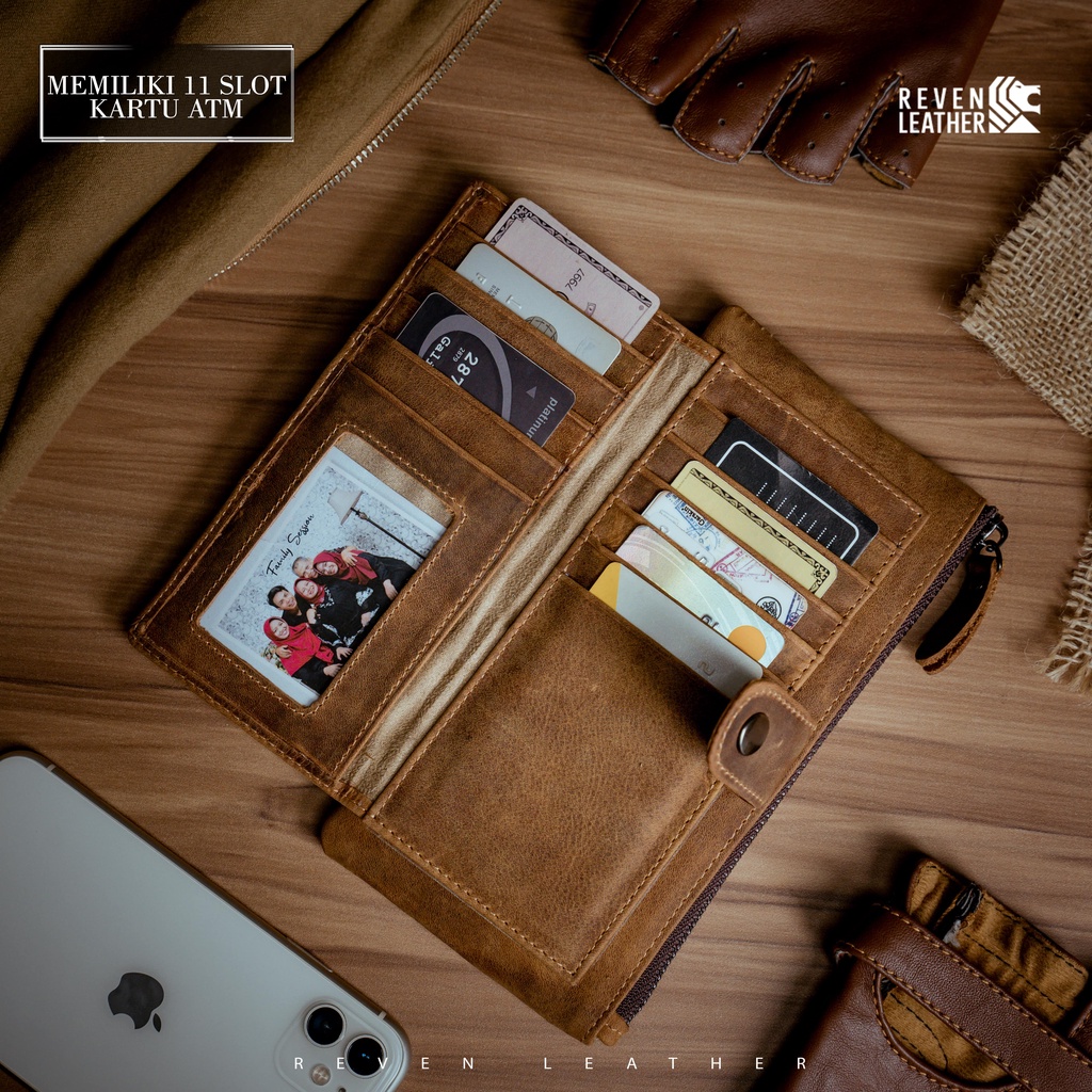 Dompet Panjang Pria Kulit Sapi Asli 100% BILFOLD WALLET Fashion Cowok Original Muat HP Android dan Uang Tunai Slot Kartu Banyak by Crown Leather CrownLeather Store