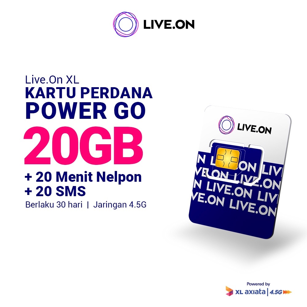 New Live.ON XL Kartu Perdana Kuota 20GB Kuota Utama 20GB ( 30 Hari ) 4.5G + 20 min Nelpon