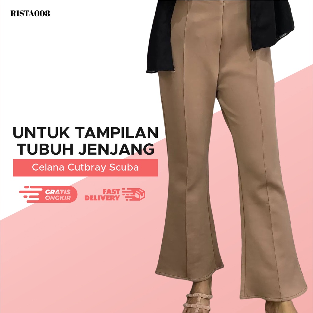 Celana Cutbray Scuba Bawahan Long Pants High Waist Fashion Wanita Outfit Hijab Kekinian