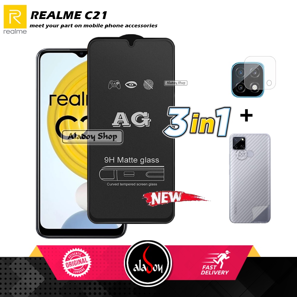 Paket 3IN1 Tempered Glass Layar Matte Anti Glare Realme C21 Free Tempered Glass Camera dan Skin Carbon