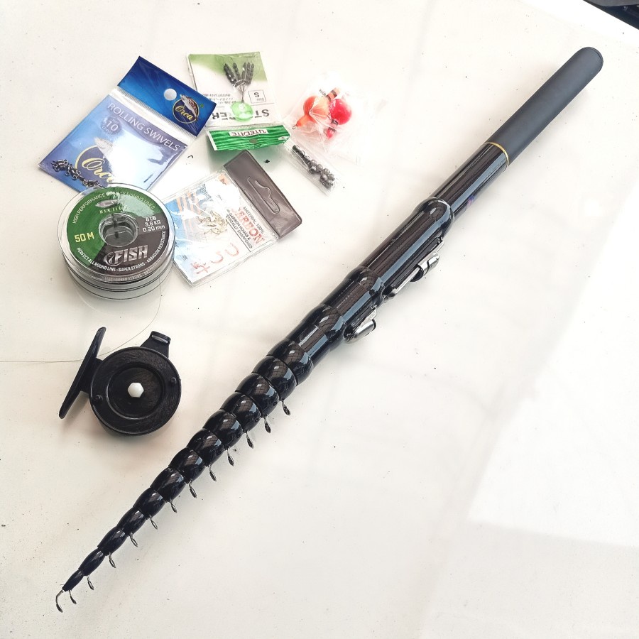 Tegek kolong carbon set komplit siap pakai joran+reel+senar+kail+pelampung+timah+stoper