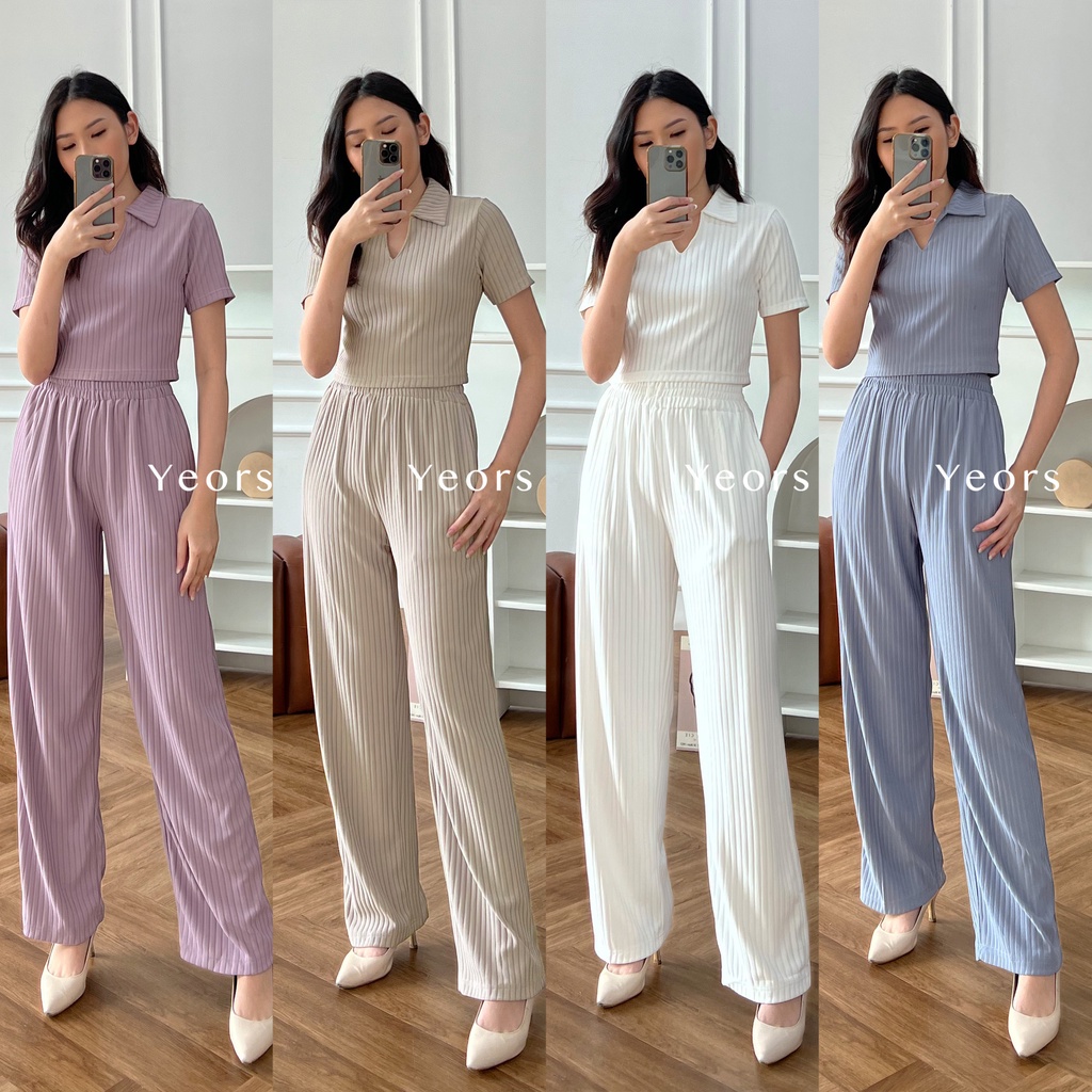 Yeors - Rib Knit Sierra Set Crop Korean Polo Top and Pants Rib Knit Premium  - Baju Atasan dan Celana Wanita Murah Berkualitas - Korean Loose Pants Trousers Wanita - Loungewear - Setelan Baju Wanita - Women Top Knitwear -  Crop Top Murah