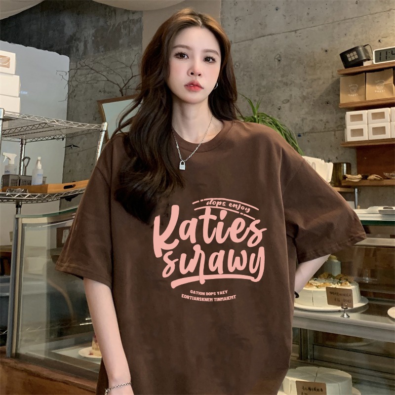 XIAOZHAINV Kaos Atasan Wanita Letter Pattern Lengan Pendek Cokelat 0131