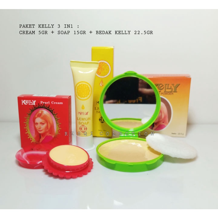 Paket Lengkap Kelly Pearl Cream 3 in 1 - Pearl Cream Kelly 5gr - Lemon Soap 15gr - Bedak Kelly Compa