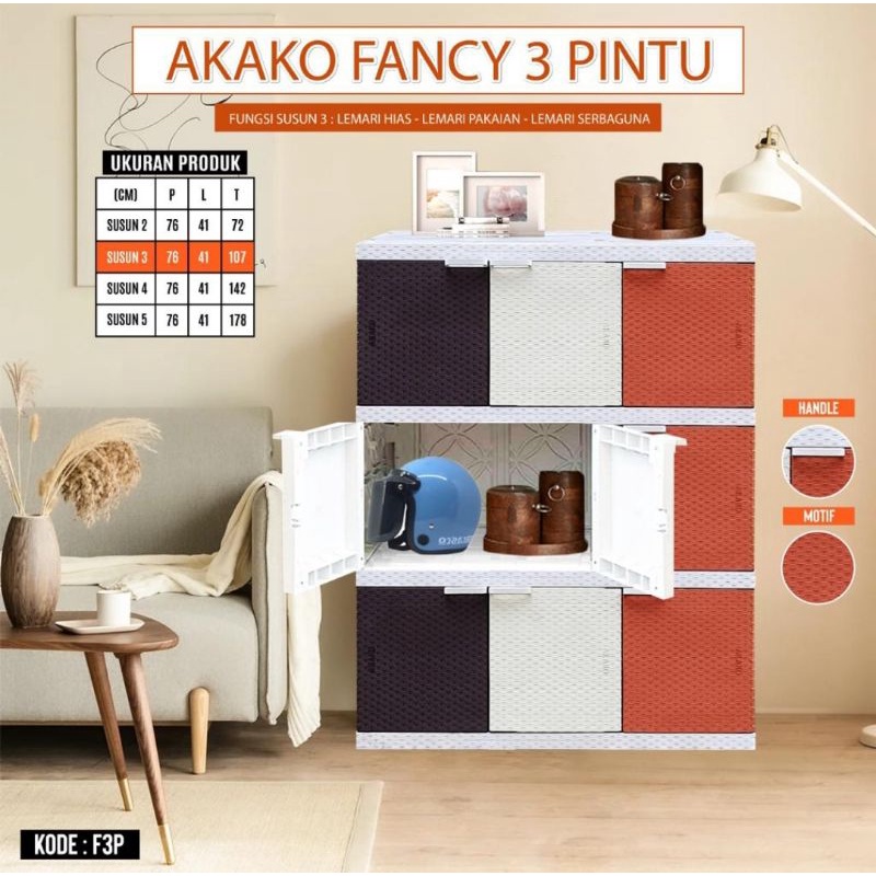 Baru - Akako Fancy 3 Pintu - Lemari Rak Susun 3 Pintu Motif Rotan - Fancy - Promo Murah