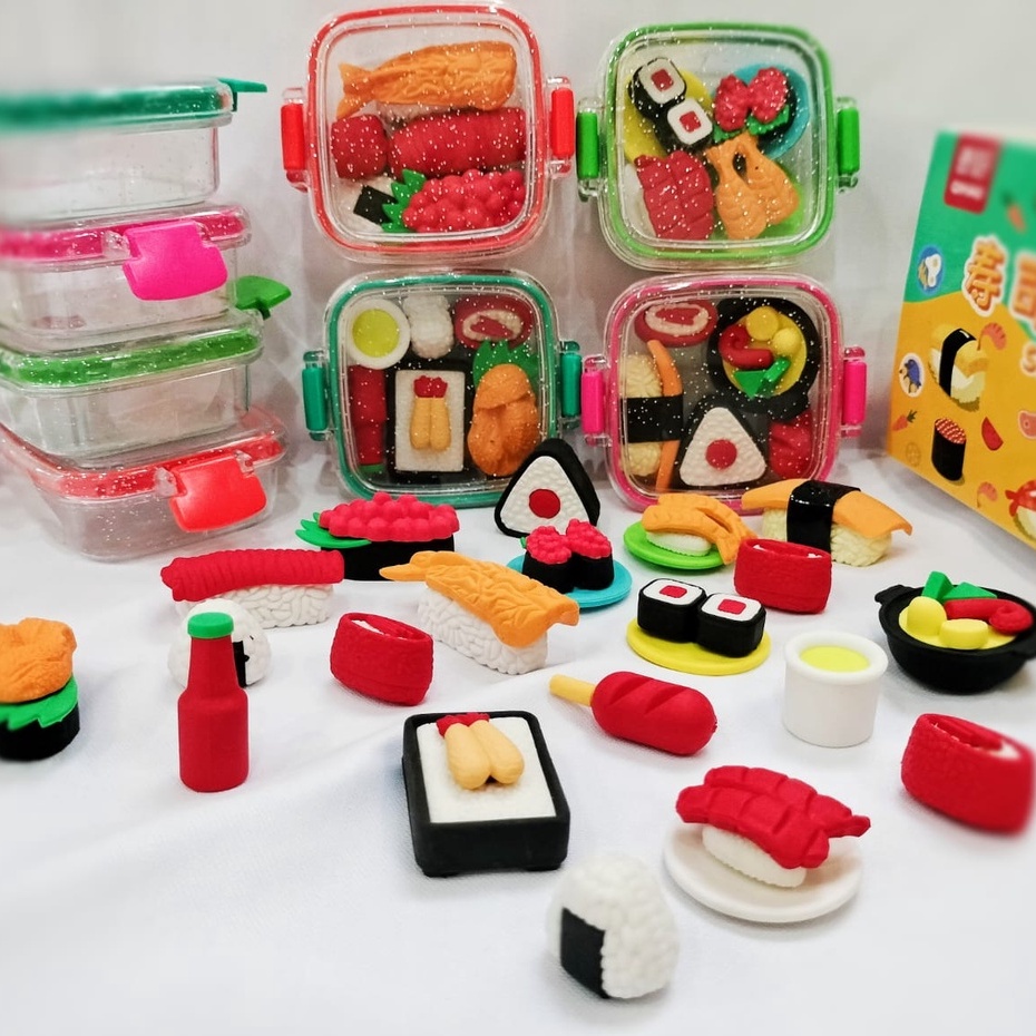 PENGHAPUS SUPER LUCU BENTUK SUSHI 1 SET KOTAK CUTE UNIK HARGA TERMURAH KARET HAPUS BENTUK MAKANAN RAMEN IMUT LENGKAP 1BOX KUALITAS PREMIUM STATIONARY FANCY TERLARIS