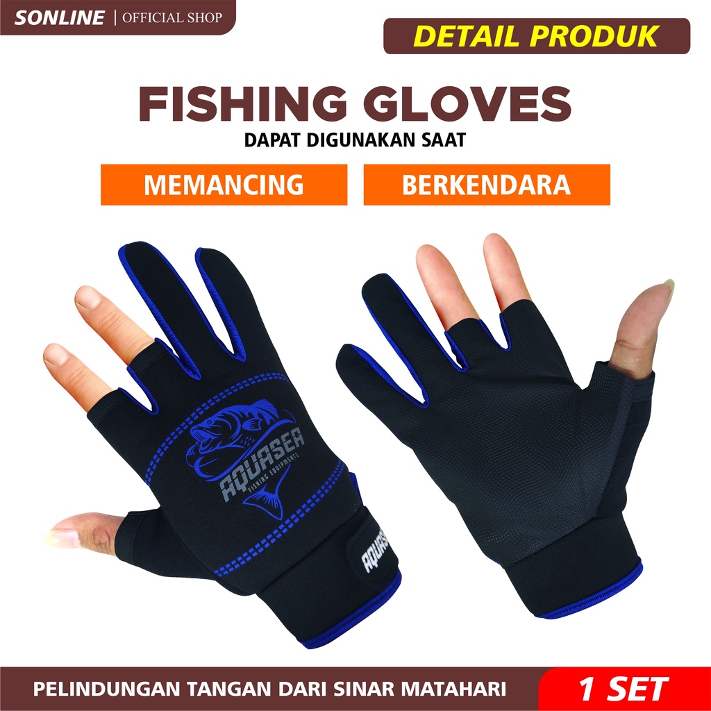 SONLINE Sarung Tangan Mancing Warna Hitam Biru Anti-Slip Gloves Waterproof Fishing Gloves Premium