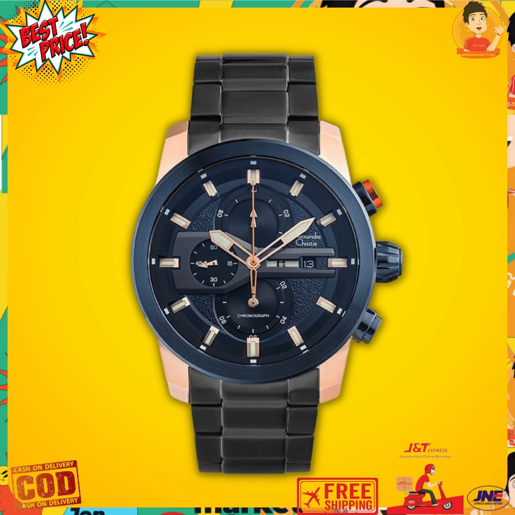 ALEXANDRE CHRISTIE PRIA AC 6559 COWOK ROSEGOLD BLUE BLACK RANTAI ORI BIRU RANTAI ORIGINAL PRIA