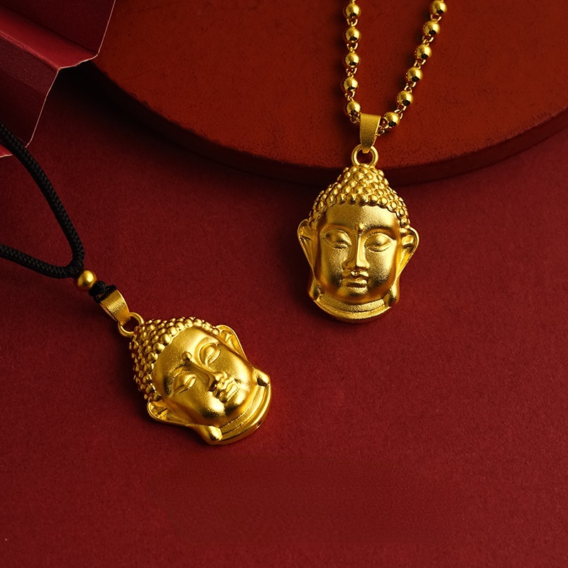 Goldkingdom Fashion Perhiasan Emas Asli Kadar 375Bangkok Aksesoris Ready Stock Lapis Emas Kepala Buddha Bulat Manik Rantai Kalung Dapat Ditarik Adjustable Hitam Tali Kepang Untuk Wanita