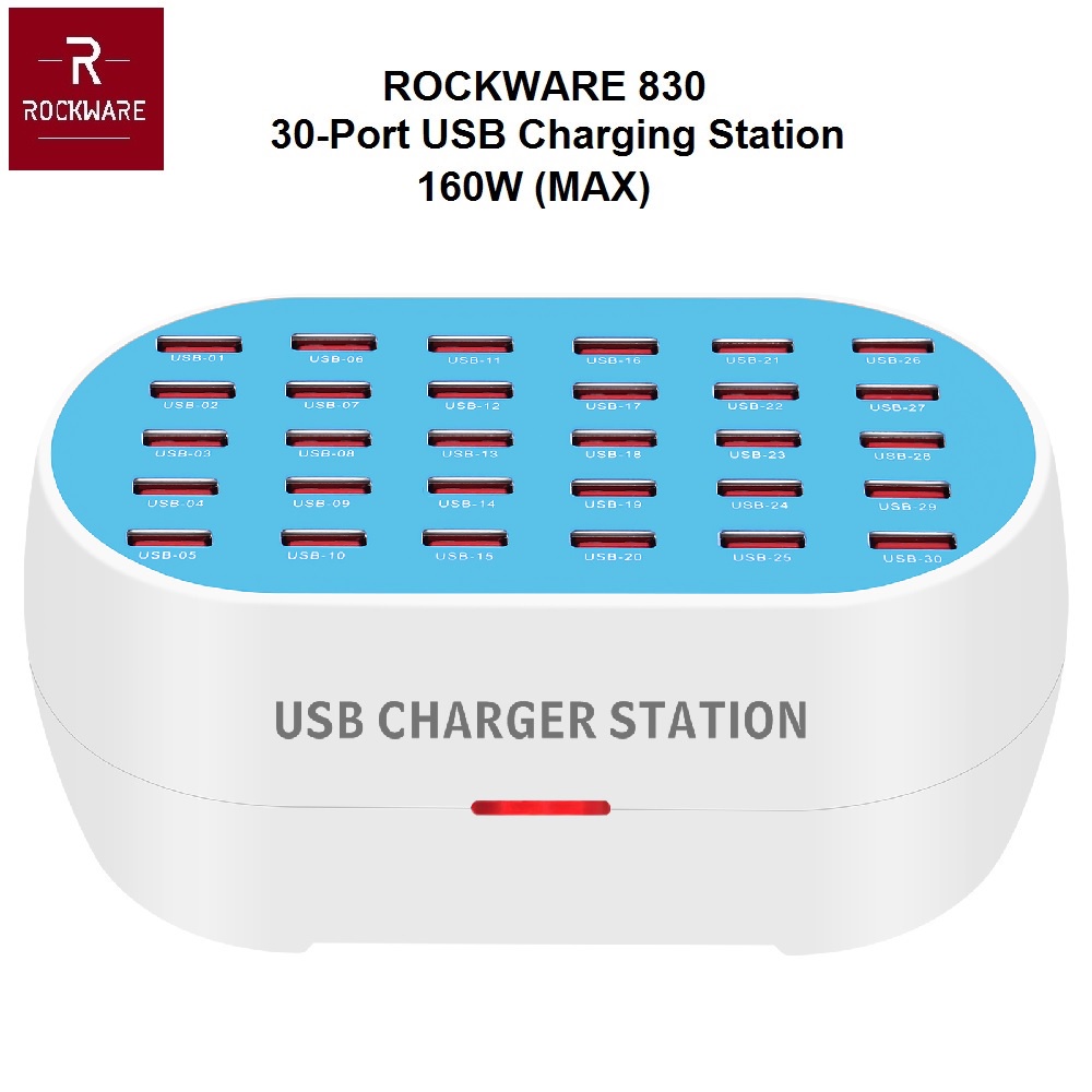 AKN88 - ROCKWARE 830 - 30-Port USB Wall Smart Charging Station 160W MAX