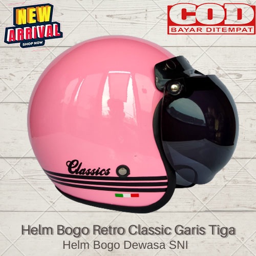 Helm Bogo Retro Dewasa Classic Garis Tiga SNI Helm Dewasa Pria Dan Wanita Kaca Cembung Kaca Datar COD