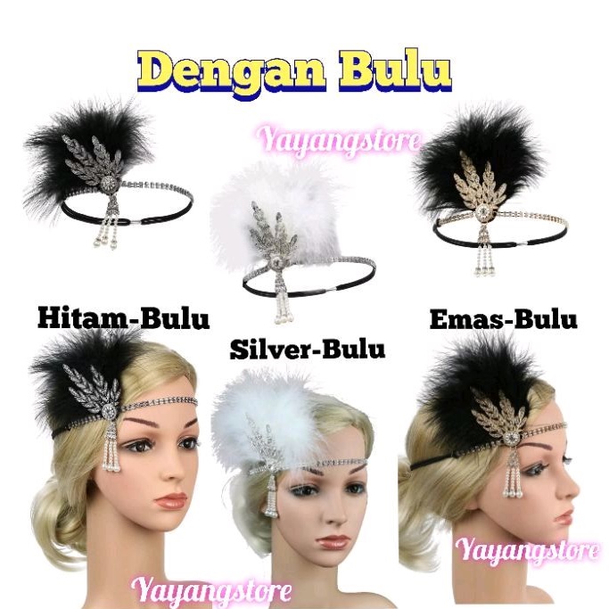 Headband Headpiece Mahkota Bandana Sequin flapper gatsby bulu hijab pesta