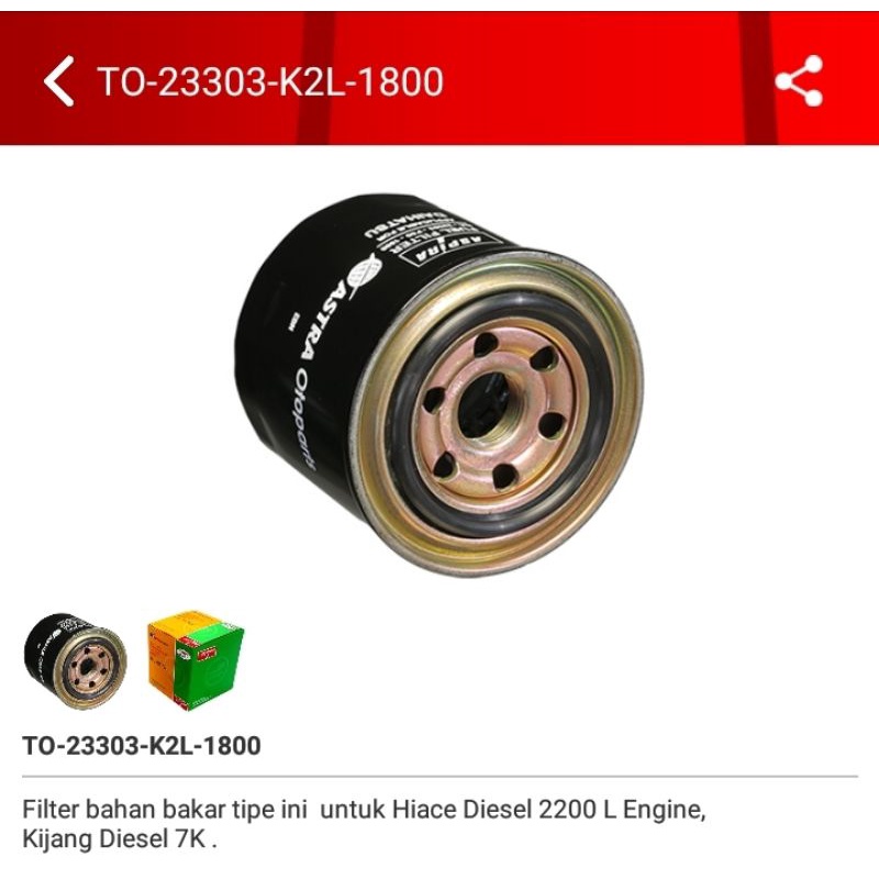 filter solar kijang diesel 2L, hiace 2200 mesin L, lgx, lsx, krista 23303-k2l