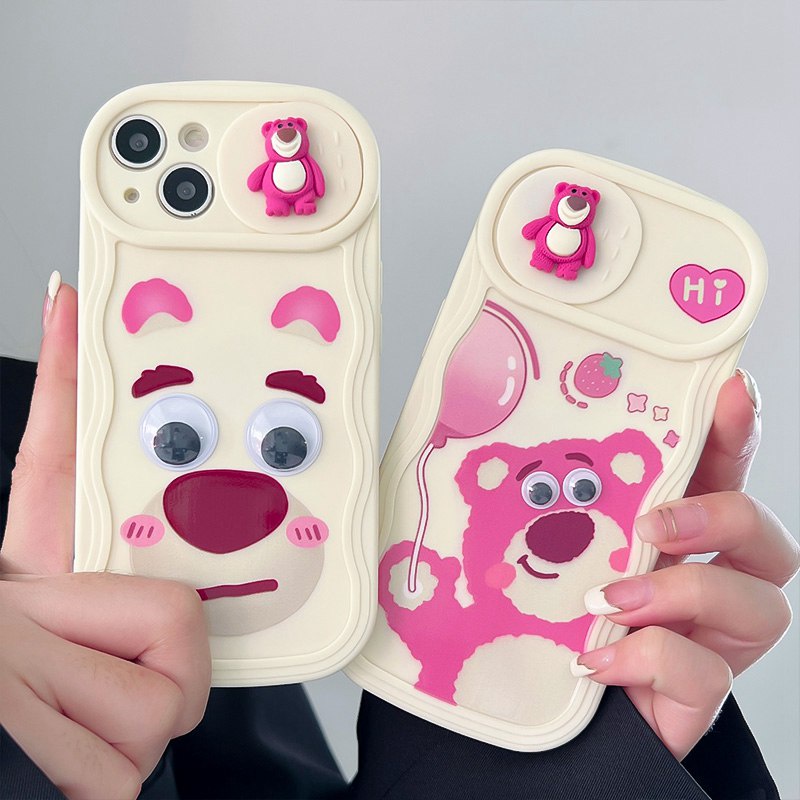 Cute Strawberry Bear Doll Push The Window Cover Soft Case iP iPhone 11 12 13 14 Pro Max + Plus Wavy Casing Apple