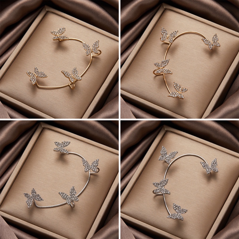 Klip Telinga Kupu-Kupu Logam Warna Emas Silver Tanpa Tindik Untuk Wanita Zirkon Berkilau Ear Cuff Clip Earrings Perhiasan Pernikahan