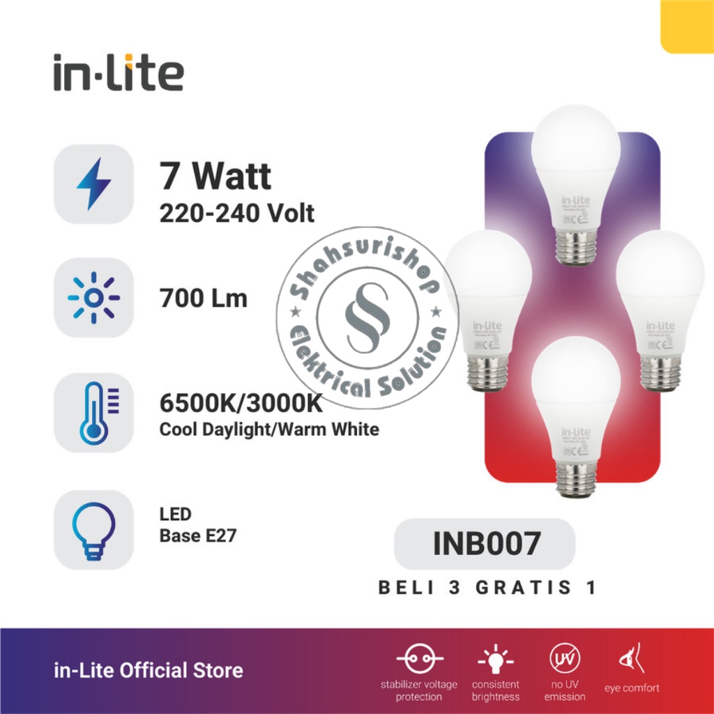 LAMPU LED BULB IN-LITE INLITE INB007 3 GRATIS 1 7W 7 W WATT BERGARANSI