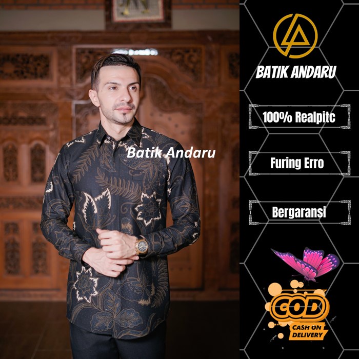 Baju Kemeja Batik Pria Slim Fit Pria Cowok Cowo Lengan Panjang Pendek Pekalongan Solo Seragam Warna Hitam