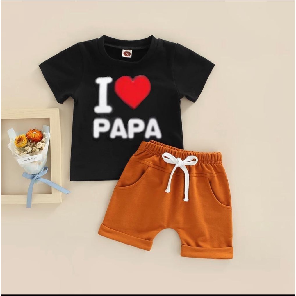 Setelan anak laki-laki dan perempuan bahan katun motif i love mamam papa usia 1 sampai 6 tahun