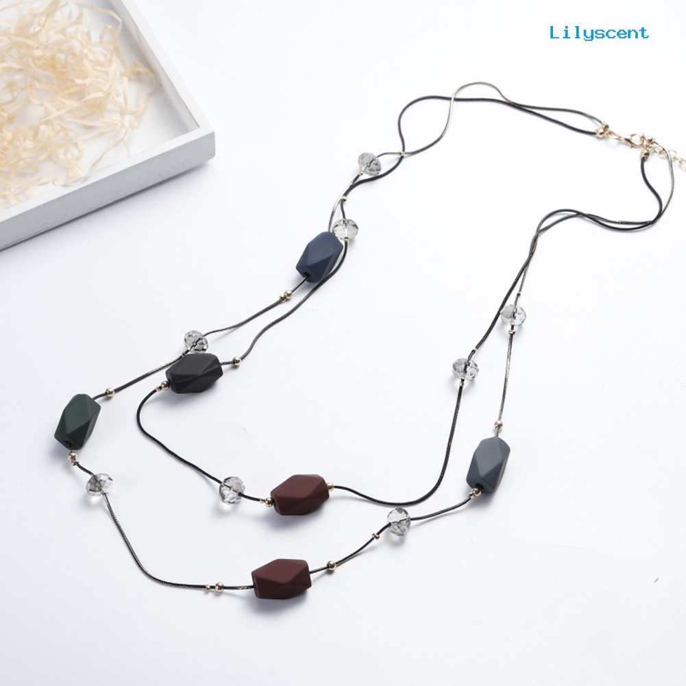 [LS] Ringkas Double Layers Geometri Beads Kalung Rantai Panjang Wanita Ornamen