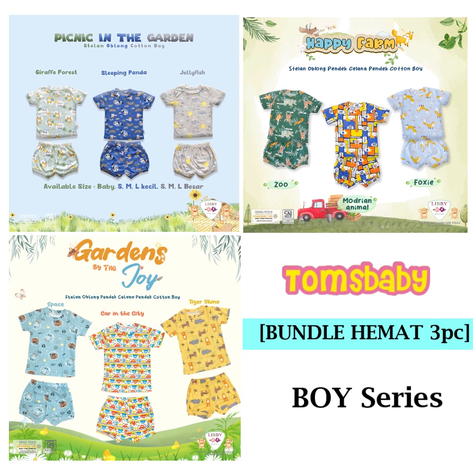 [BUNDLE HEMAT 3stel BOY ] LIBBY (3stel) Stelan Atasan PENDEK + Celana PENDEK Oblong Cotton Motif Print BOY (0-19kg)