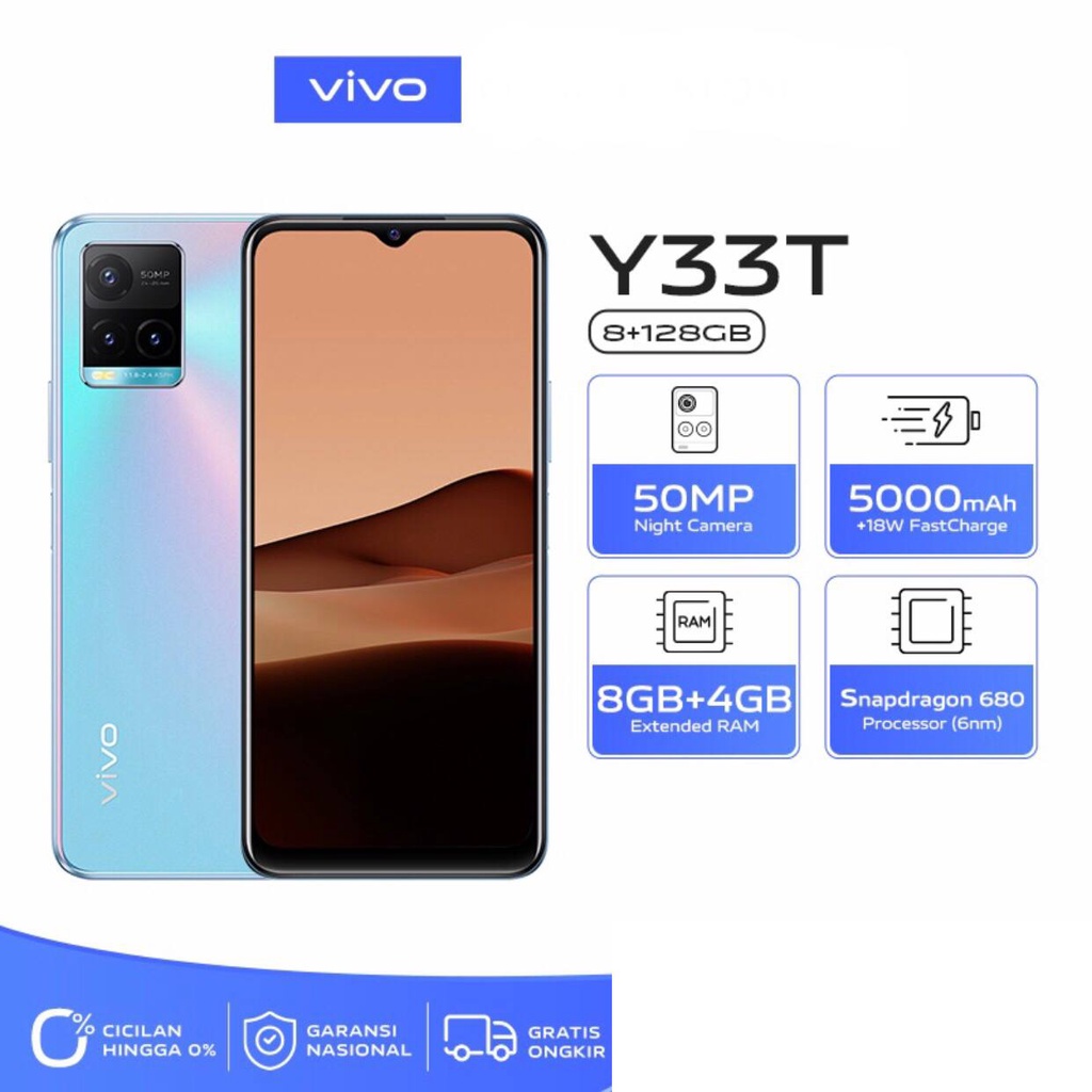 Vivo Y33T | 8GB+128GB |Snapdragon 640 | 50MP Triple Camera | 6.58&quot; IPS LCD | Li-Po 5000mAh | Garansi Resmi Vivo 1 Tahun