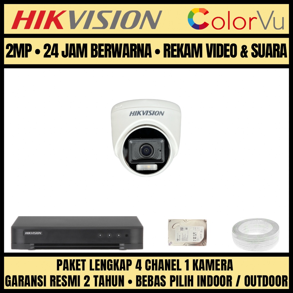 PAKET CCTV HIKVISION COLORVU 2MP 4 CHANNEL 1 CAMERA KAMERA CCTV COLORFUL