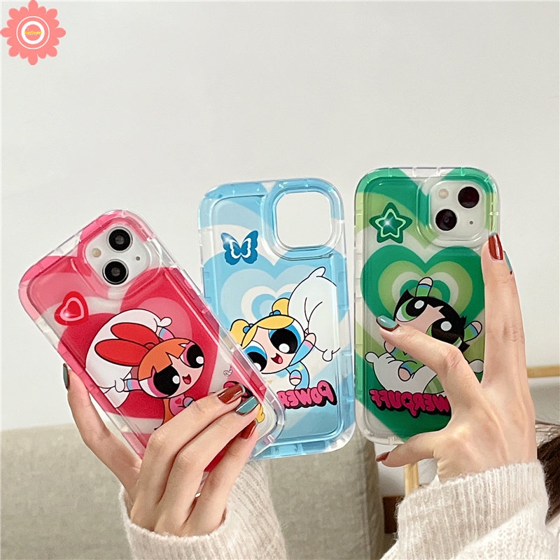 IPHONE Casing Ponsel Anak Perempuan Powerpuff Kompatibel Untuk Iphone14 13 11 12 Pro MAX XR 7plus 78 6 6S Plus X XS MAX Kartun Lucu Manis Cinta Hati Bening Shockproof AiRbag Lembut TPU Penutup Belakang