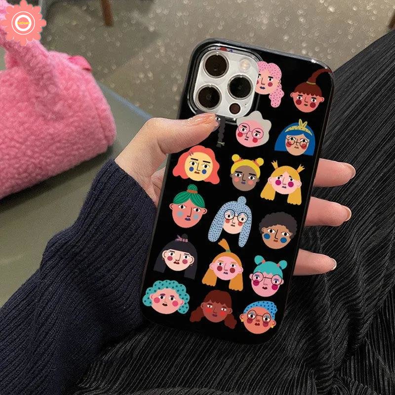 Ins Fashion Kreatif Kartun Lucu Avatar Case Kartun Kompatibel Untuk IPhone XR 7Plus 8Plus 11 14 13 12 Pro Max 7 8 14 Plus X XS Max SE 2020 Glossy Halus Lembut Tpu Hitam Cover