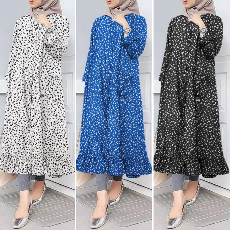 ZANZEA Women Button Down Front Long Sleeve Ruffles Hem Muslim Long Dress