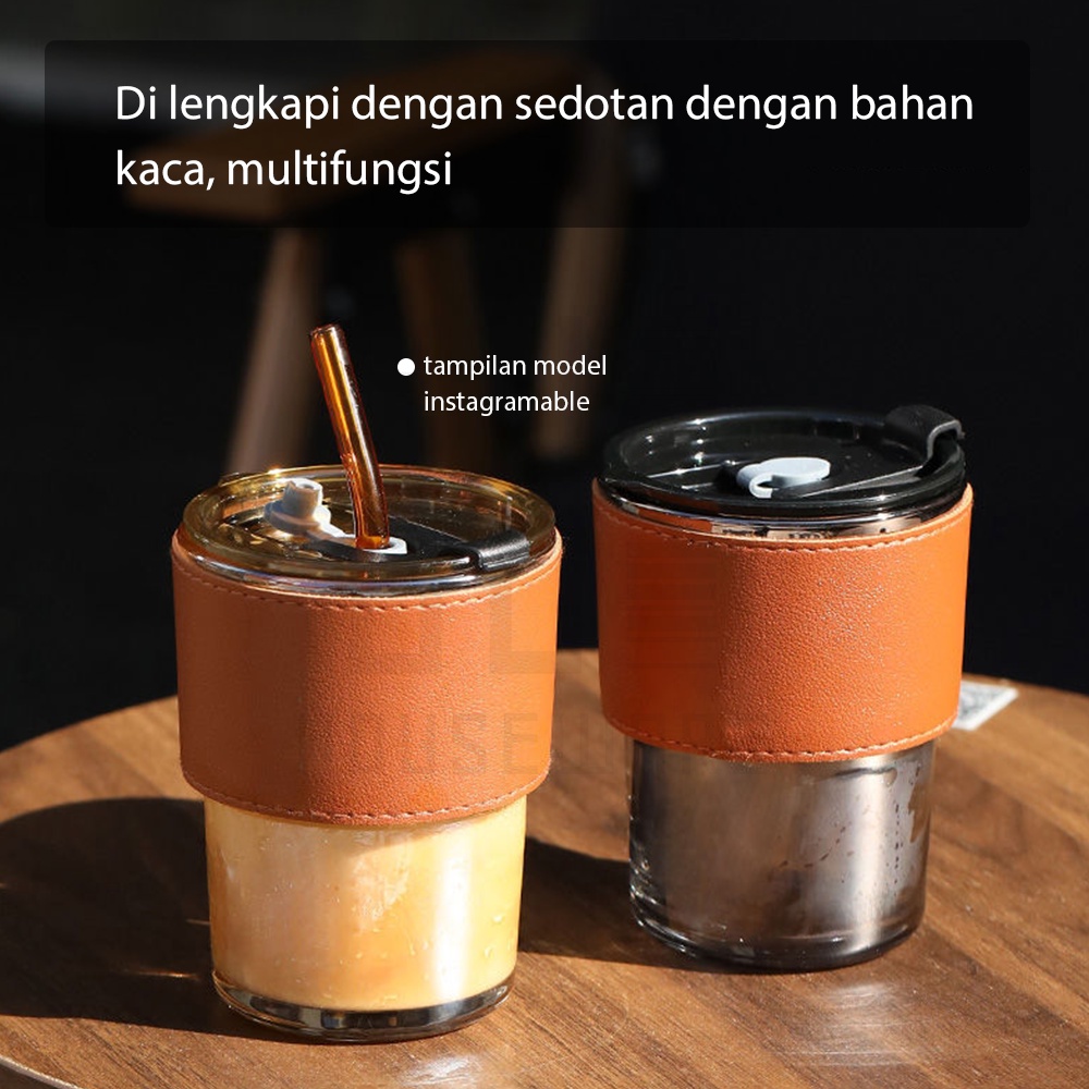 HUGO Tumbler Kaca 400 ml Gelas Minum Kaca Bening Aesthetic Coffee Cup Anti Tumpah