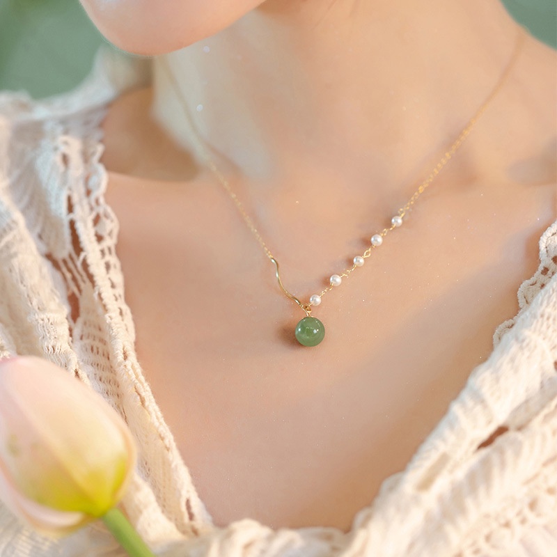 Fashion Wanita Perhiasan Alloy Buatan Mutiara Giok Manik Liontin Kalung