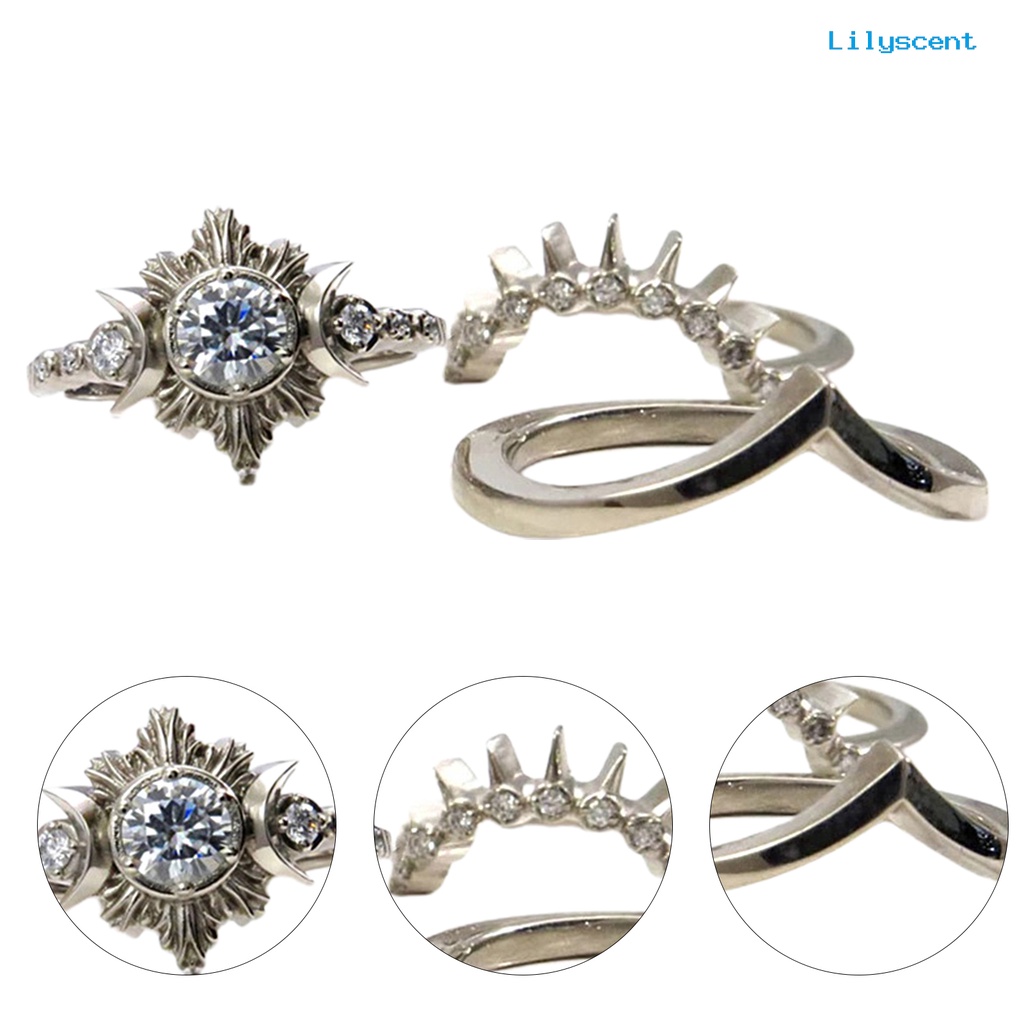 [LS]3Pcs Wanita Cincin Bulan Matahari Stackable Perhiasan Bohemian Tahan Lama Jari Cincin Untuk Pacaran