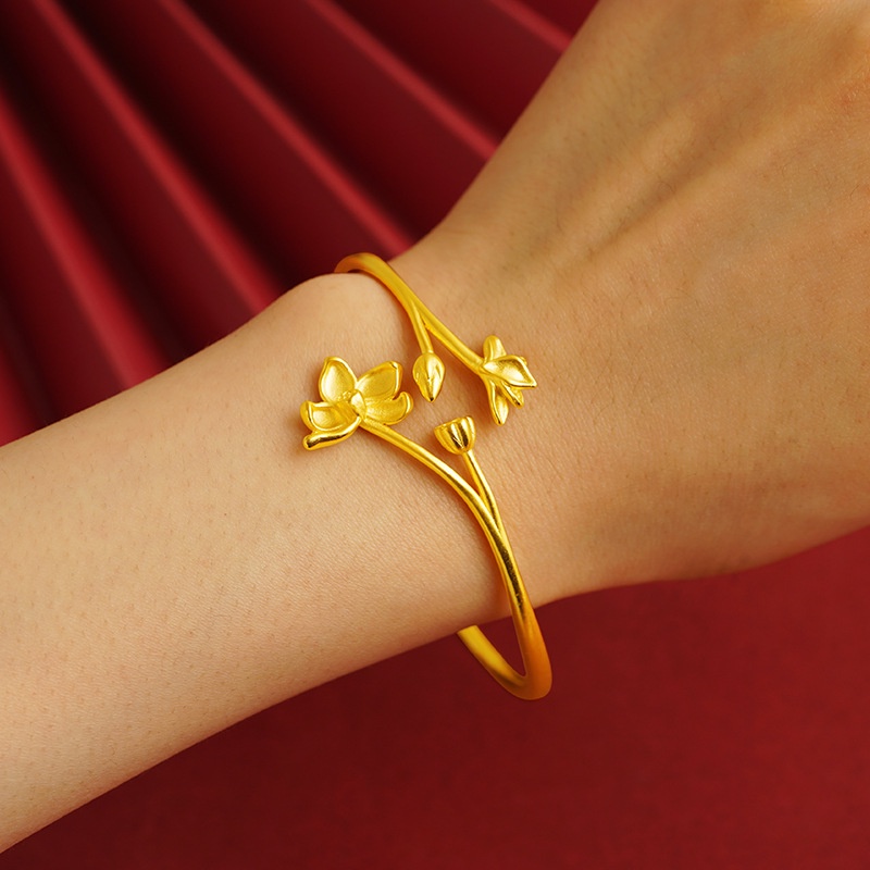 Goldkingdom Perhiasan Fashion Emas Asli Kadar 375 Bangkok Aksesoris Ready Stock Lotus Bangle Wanita Rejeki Dan Kecantikan Gelang Yang Dapat Disesuaikan Kaya