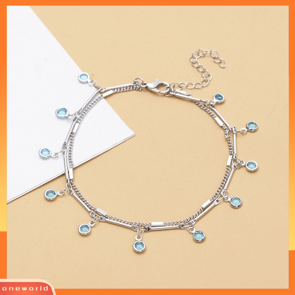 [WONE] Gelang Kaki Wanita Dua Lapis Perhiasan Batu Imitasi Biru Electroplating Adjustable Anklet Untuk Pantai