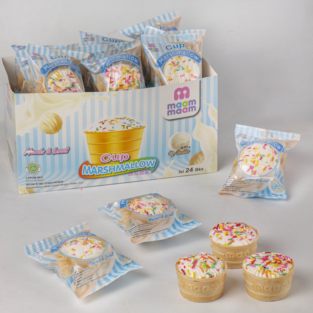 

MAAM MARSHMALLOW CUP RASA VANILLA/ PERMEN MARSHMALLOW DENGAN WAFER CONE 1 BOX ISI 24PCS