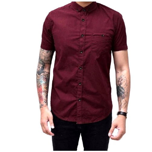 Terwuwu kemeja panjang pria cowok gatlemen cowok biru navy dongker polos formal kantor hem baju kemeja pria lengan panjang distro kasual santai casual katun dinas pns kerja putih merah marun kuning hitam premium pria cowok laki laki terlaris murah-Pendek Marun
