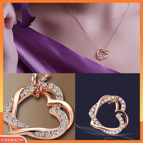 [WONE] Fashion Wanita Perak Berlapis Ganda Hati Berlian Imitasi Liontin Kalung Panjang
