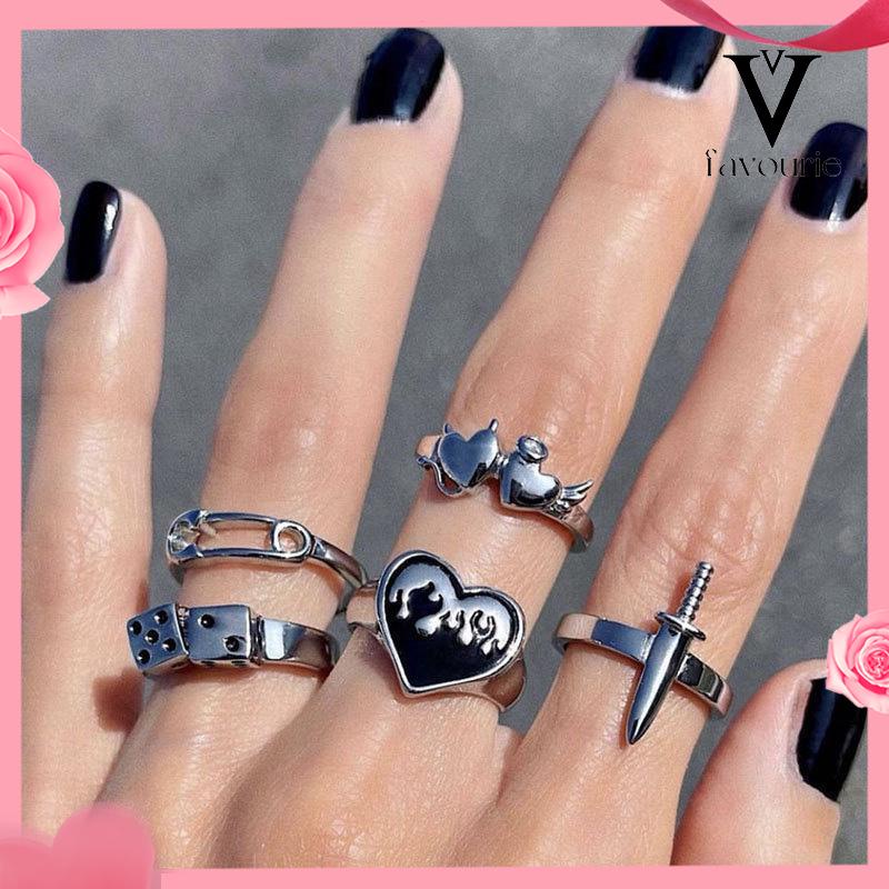 CODDomingo Ring Alloy peniti dadu love pedang retro silver cincin wanita fashion korea 5 set-FA