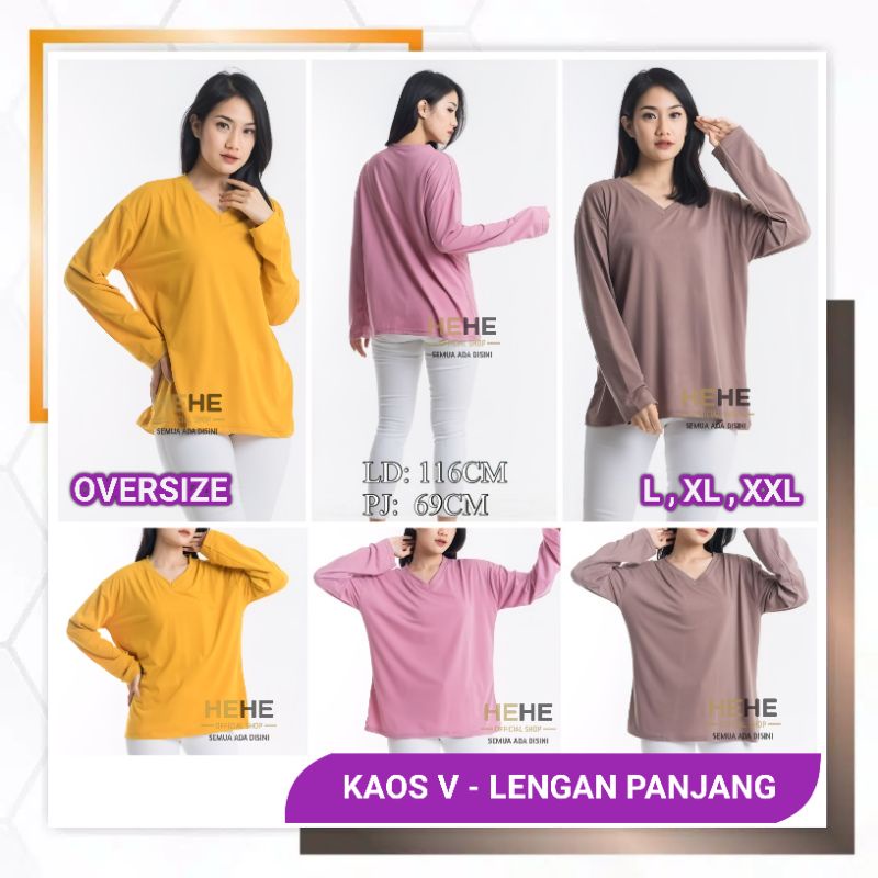 Kaos V-neck Jumbo Oversize XXL Lengan Panjang Baju Kaos Pakaian Atasan Wanita Baju Vneck T-shirt Nya