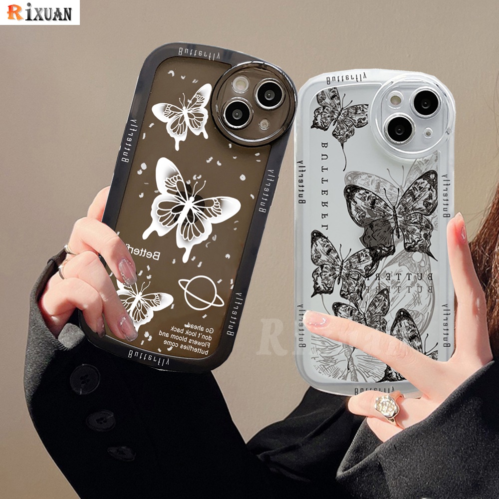 Fashion Case Kompatibel Untuk Iphone14 Pro MAX iPhone11 iPhone13 iPhone XR XS MAX iPhone6 6S 7 8 Plus Kasus Lensa Oval Hitam Putih Hidup Kupu-Kupu Lembut TPU Bening Ponsel Cover RIXUAN