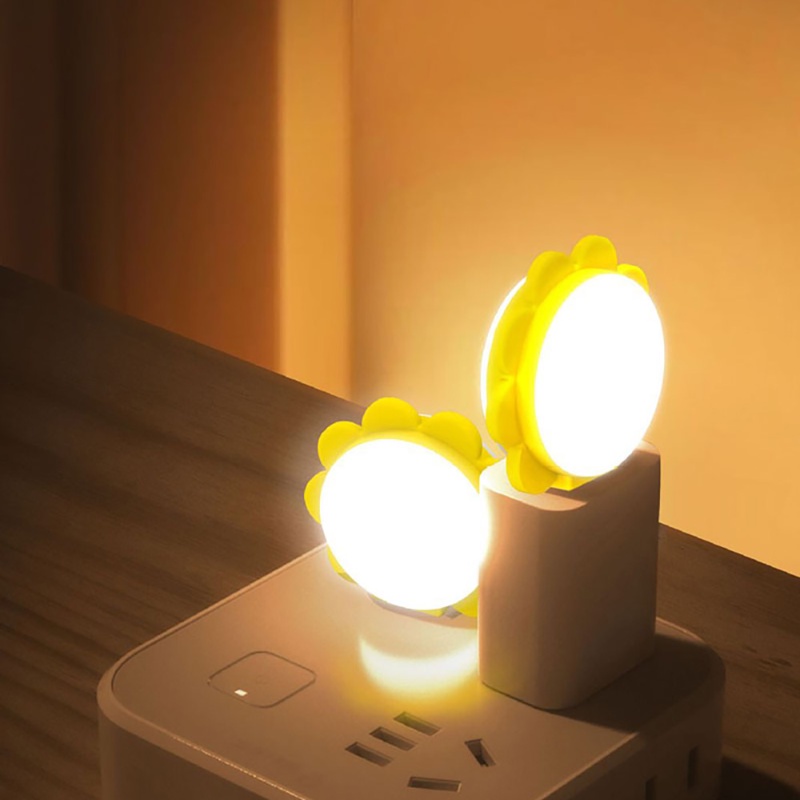 Lucu Mini Kartun Bentuk Bunga Matahari Lampu Malam Lampu Samping Tempat Tidur USB Ponsel Power Charge Night Light Portable Untuk Kamar Tidur Ruang Tamu Pencahayaan Lembut Perlindungan Mata LED Kreatif