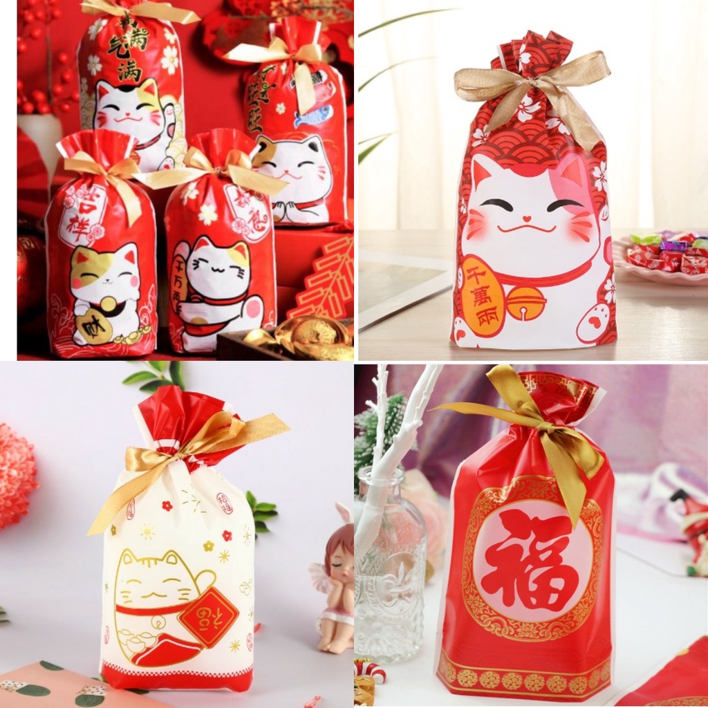 

Goodie Bag Tas Pita Serut Imlek CNY Candy Pouch Ribbon Drawstring Doff Packaging Gift Hampers