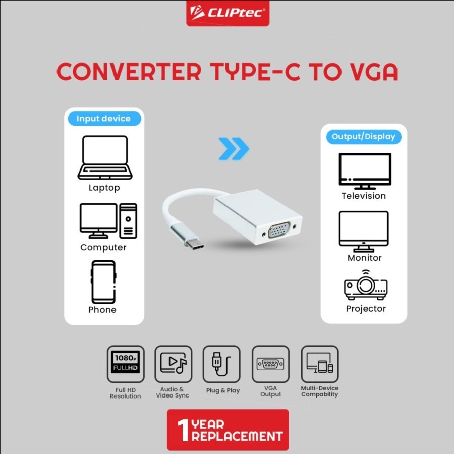 Converter CLIPtec CL-CC CV TYPE-C To VGA Display Adapter