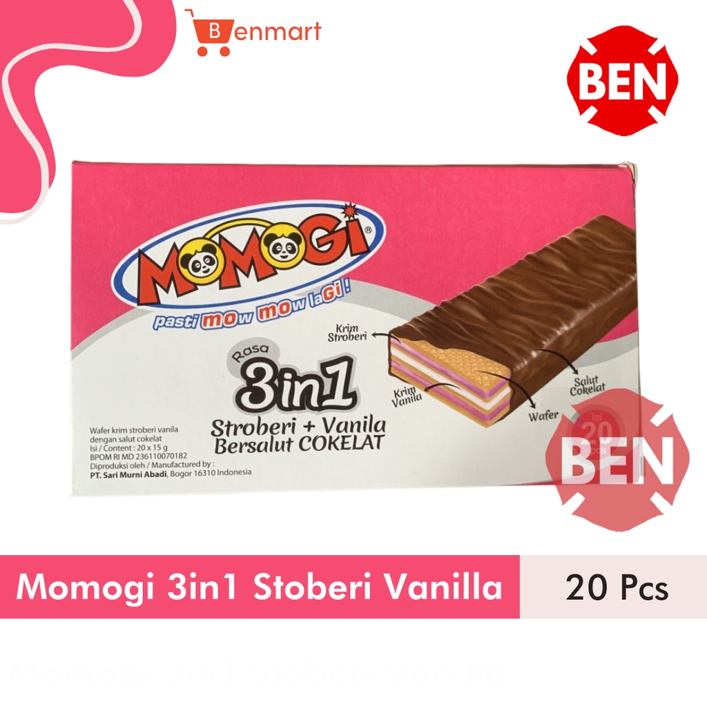 

Momogi Wafer 3in1 Stroberi Vanila Cokelat 1 Box 20 Pcs Strawberry Coklat